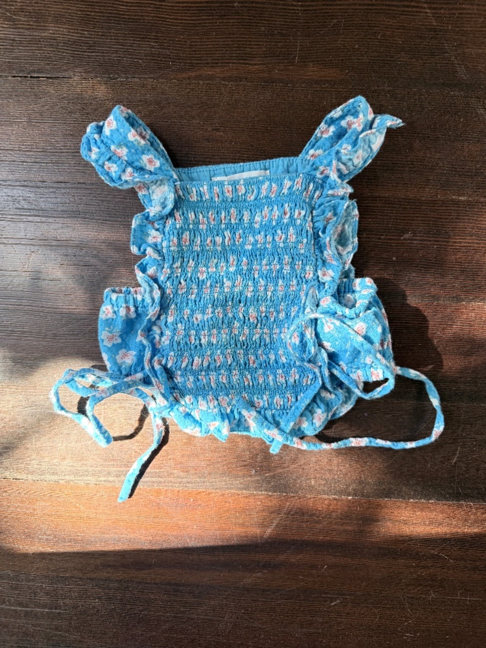 Gingersnaps Girl Blue Floral Smocked Ruffle Crop Top with Tie Sides